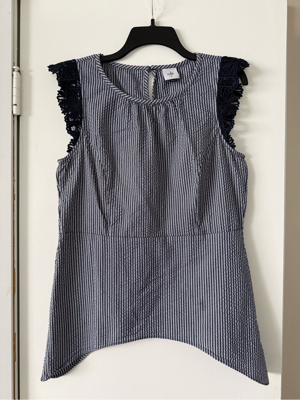 Cabi Navy Stripe Sleeveless Lace-Trim Top